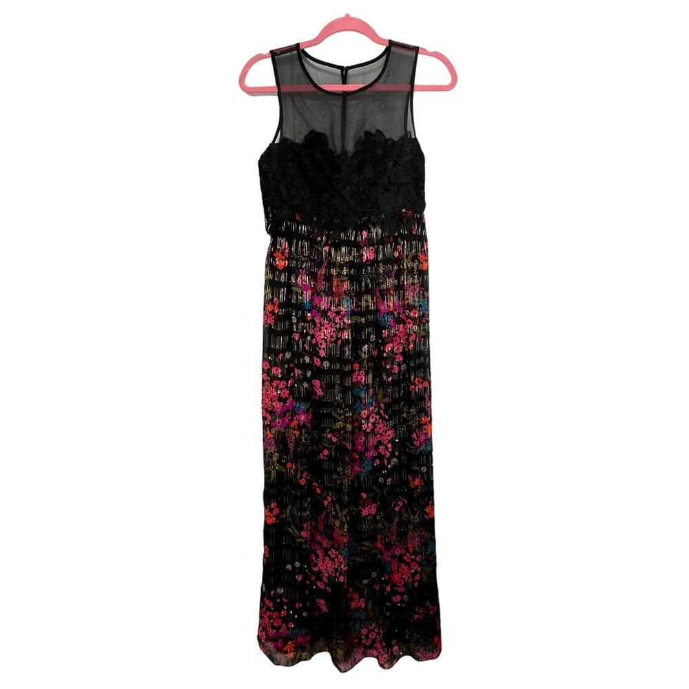 NEW Trina Turk Betton Black Floral Lace Metallic 100% Silk Maxi Dress 0